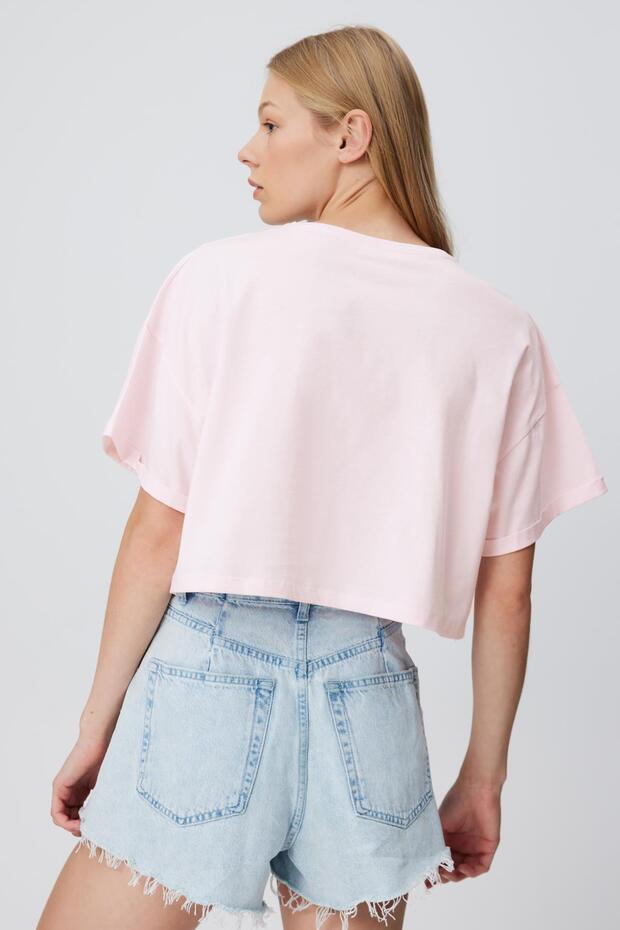 Kol Katlamalı Basic Crop T-shirt - 2