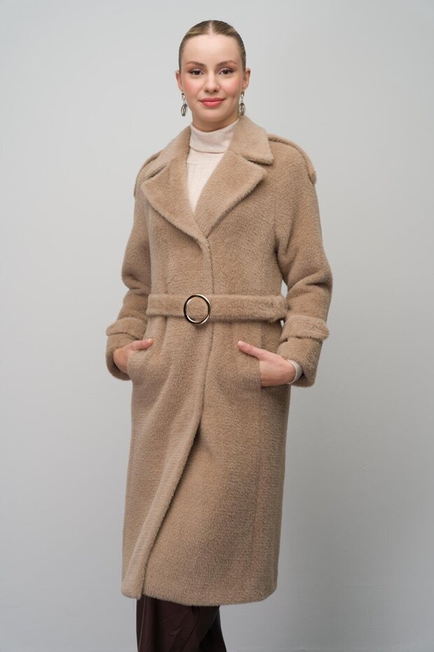 Angora Look Coat with Snap Closure Epaulettes and Chain Accessories Vi̇zon 3074