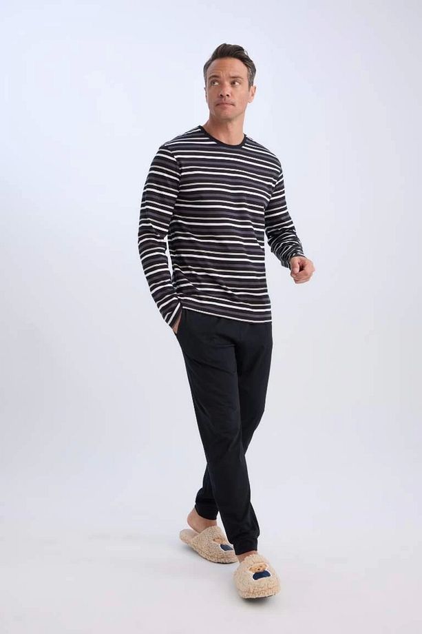 Regular Fit Pijama Takımı Bisiklet Yaka Çizgili Uzun Kollu Üst Uzun Alt 4w2dftkd0942__rqn - 2
