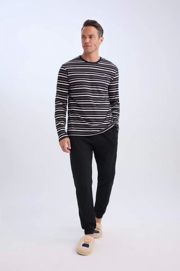 Regular Fit Pijama Takımı Bisiklet Yaka Çizgili Uzun Kollu Üst Uzun Alt 4w2dftkd0942__rqn - 1