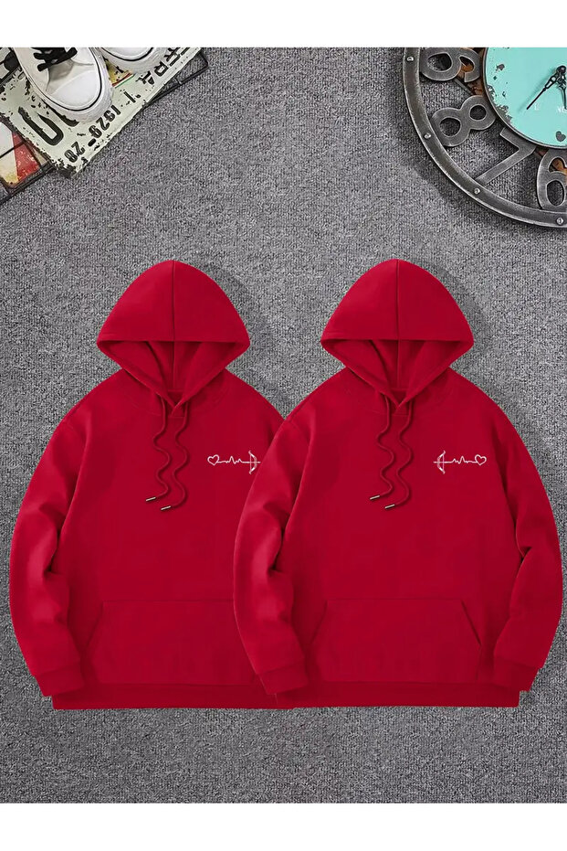 2-Piece Small Heart and Arrow Printed Couple Special Unisex Oversize Hooded Sweatshirt