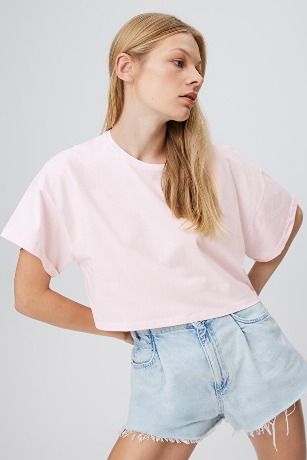 Kol Katlamalı Basic Crop T-shirt - 1
