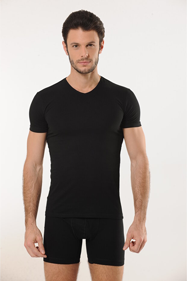 Comfortable Texture Men's Cotton Black V-Neck Undershirt - 1