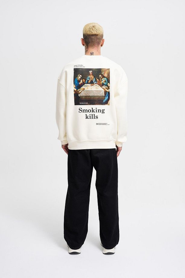 Erkek Smoking Kill Baskılı Oversize Ekru Sweatshirt - 6