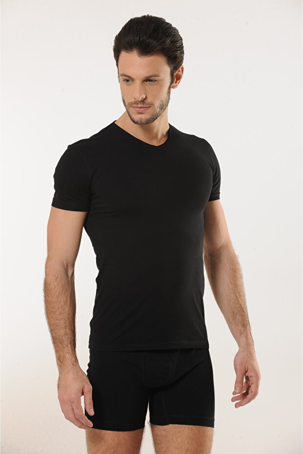 Comfortable Texture Men's Cotton Black V-Neck Undershirt - 3
