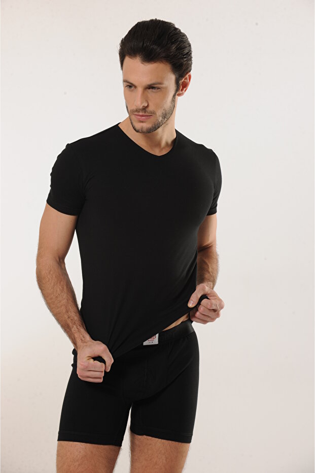 Comfortable Texture Men's Cotton Black V-Neck Undershirt - 4