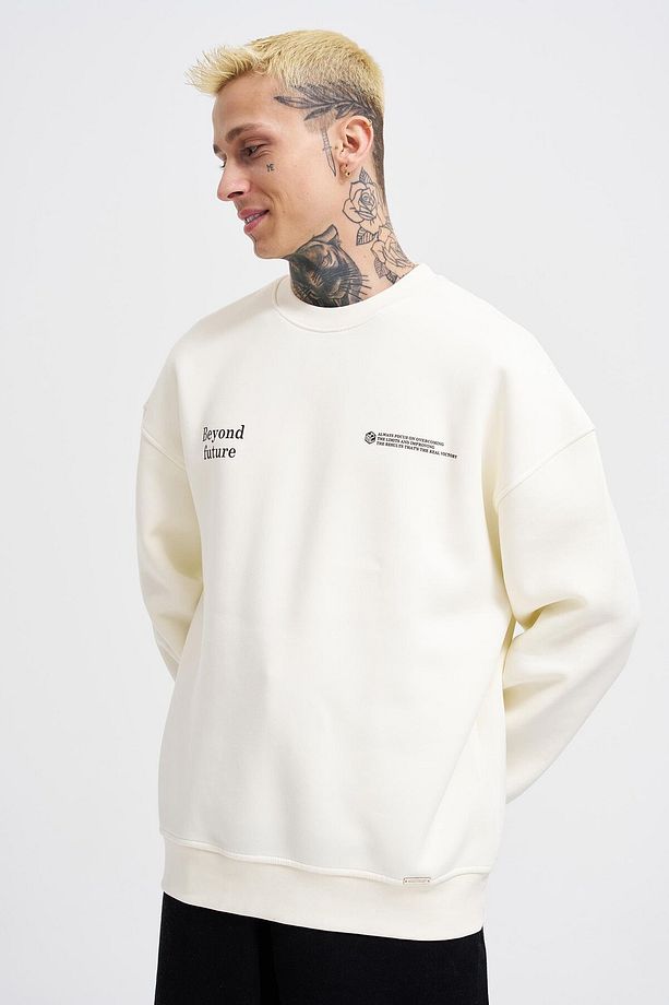 Erkek Smoking Kill Baskılı Oversize Ekru Sweatshirt - 4