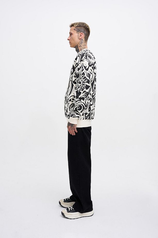 Erkek Skull Baskılı Oversize Ekru Sweatshirt - 4
