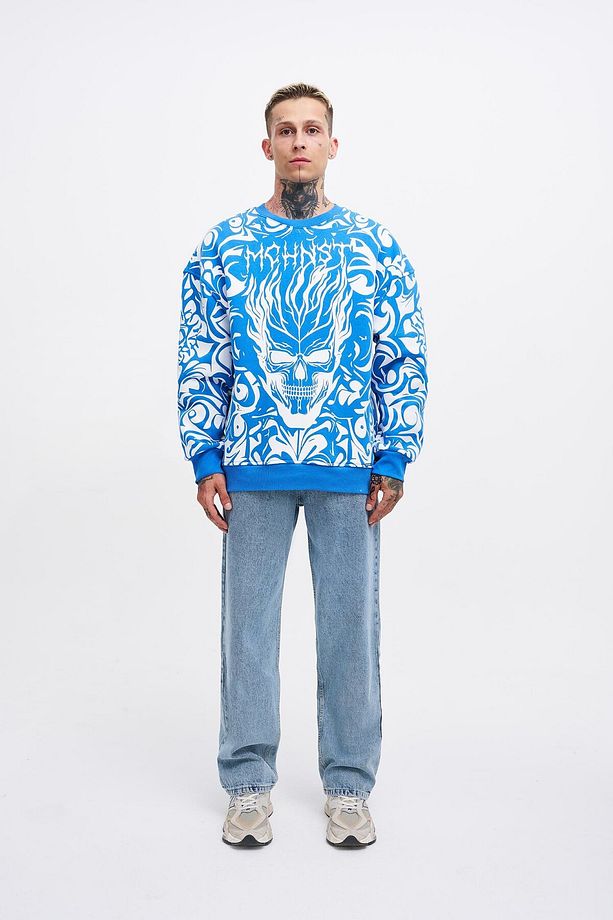 Erkek Skull Baskılı Oversize Saks Sweatshirt - 3