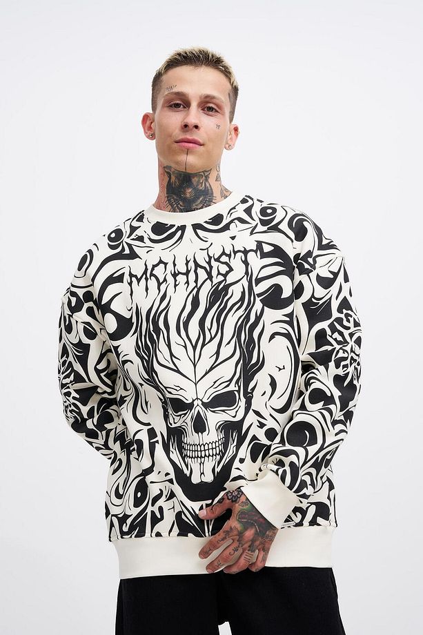 Erkek Skull Baskılı Oversize Ekru Sweatshirt - 1