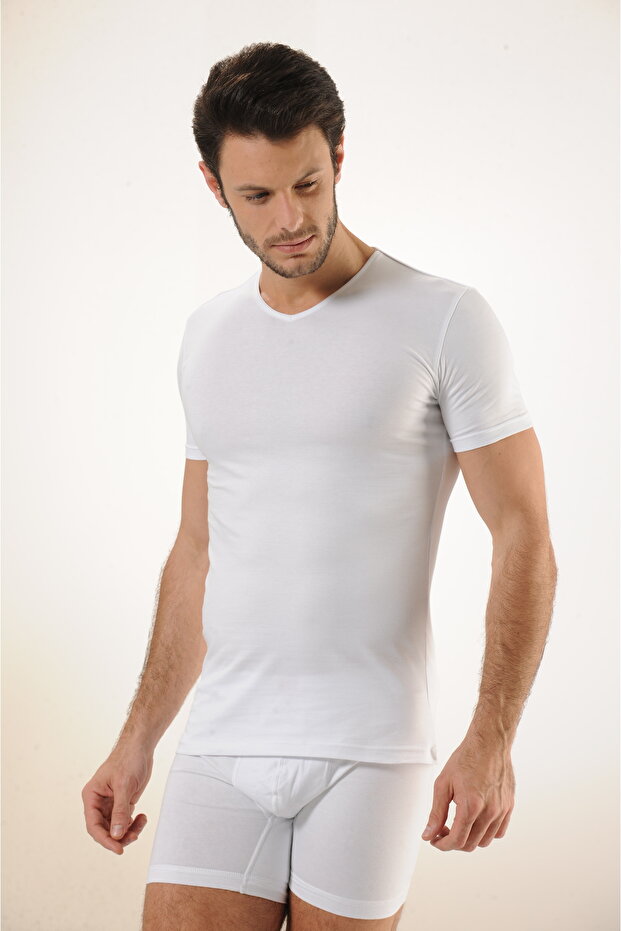 Comfortable Texture Men's Cotton White V-Neck Undershirt - 4