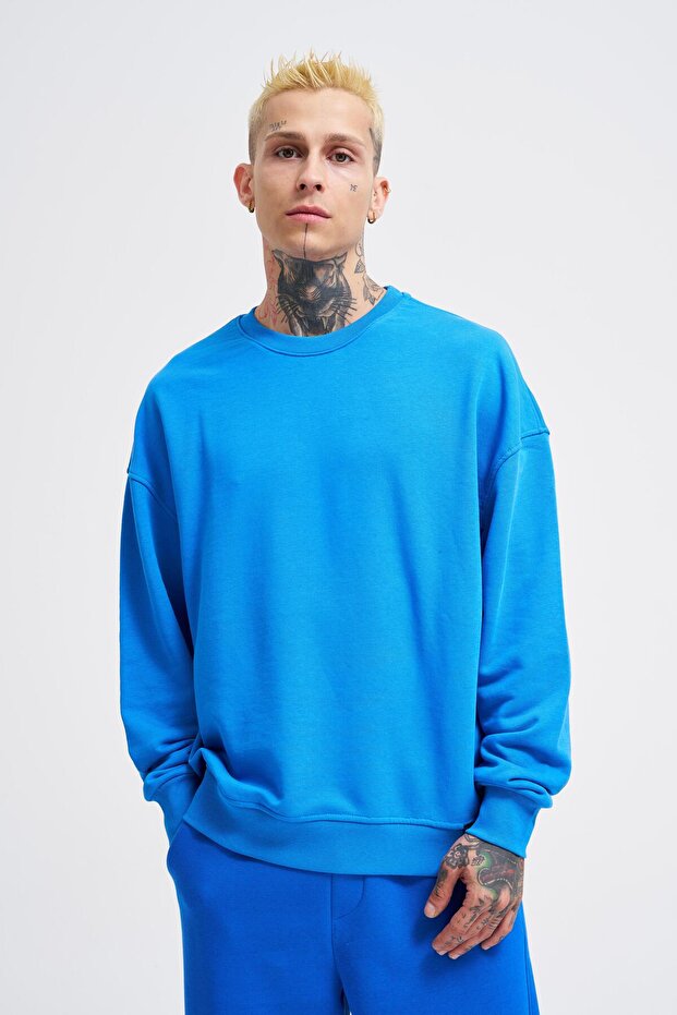 Erkek Basic Solid Oversize Saks Sweatshirt - 1