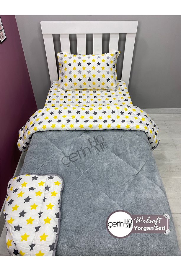 Tek Kişilik Çift Yönlü Welsoft Yorgan Yastık Kılıflı Yumuşak Yüzeyli 155x215cm Sarı Yıldız - 5
