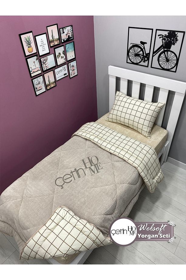Tek Kişilik Çift Yönlü Welsoft Yorgan Yastık Kılıflı Yumuşak Yüzeyli 155x215cm Kare Krem - 1