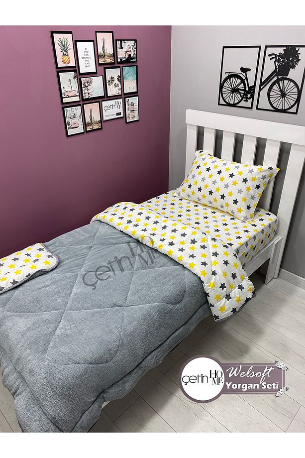 Tek Kişilik Çift Yönlü Welsoft Yorgan Yastık Kılıflı Yumuşak Yüzeyli 155x215cm Sarı Yıldız - 2