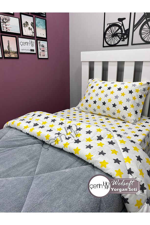 Tek Kişilik Çift Yönlü Welsoft Yorgan Yastık Kılıflı Yumuşak Yüzeyli 155x215cm Sarı Yıldız - 3