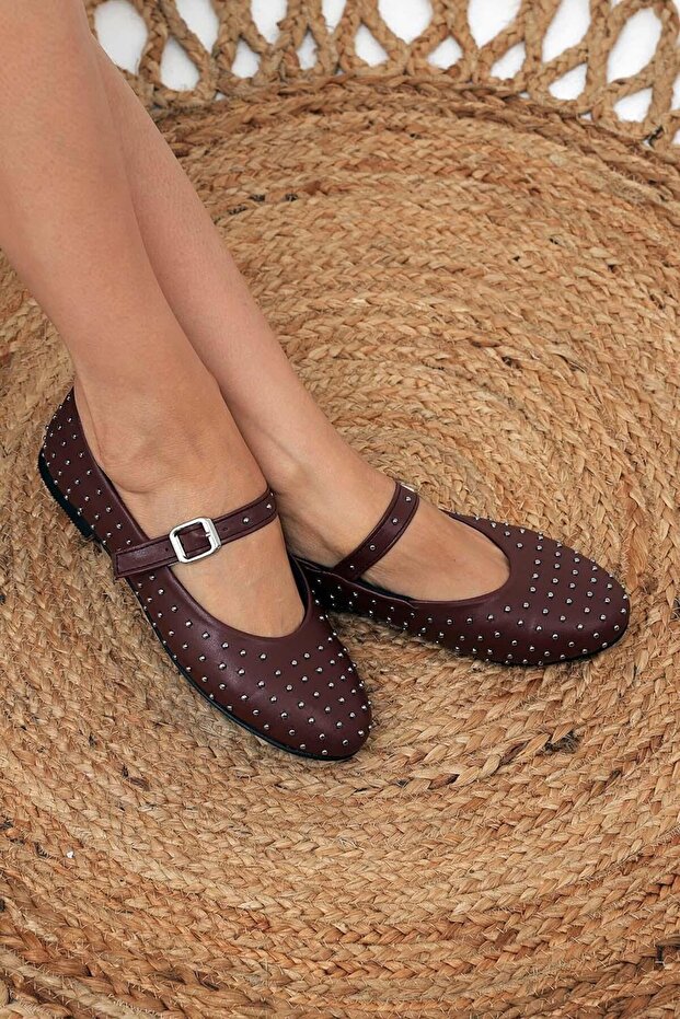 Kadın Bordo Mejita Iğne Troklu Tek Bant Deri Babet Byndmjit01 - 1