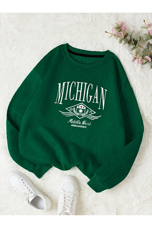 Michigan 1971 Sweatshirt - Nefti Green Printed Oversize Crew Neck