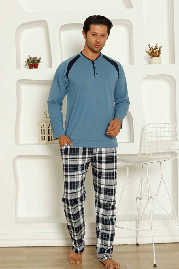 Dreamy Cotton Plaid Long Sleeve Button Collar Men's Pajamas Set with Pockets