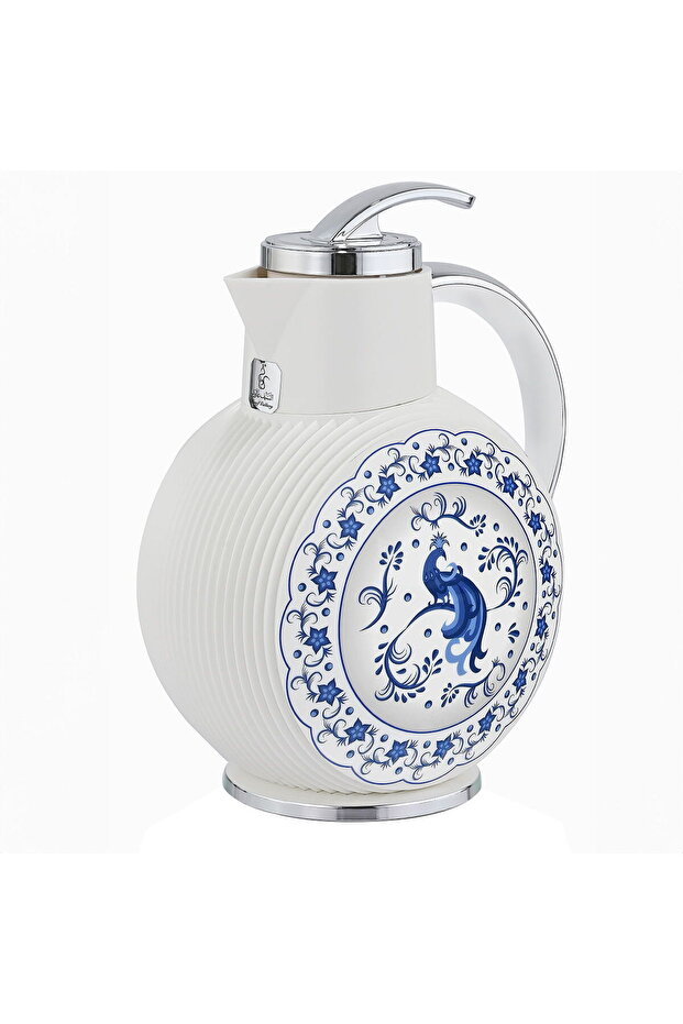 Al Jawhara Thermos, White, Blue Peacock Pattern, Silver Handle, 0.9 Liters