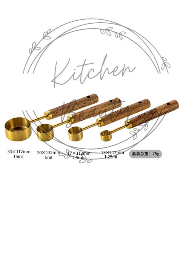 4 Adet Gold Paslanmaz Çelik Ahşap Saplı Ölçü Kaşığı Seti Ölçü Kabı 1.25ml 2.5ml 5ml 15ml - 4