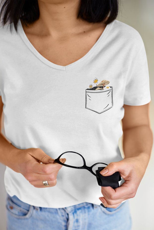 Pocket Floral Printed V Neck Cotton Regular Fit Tshirt