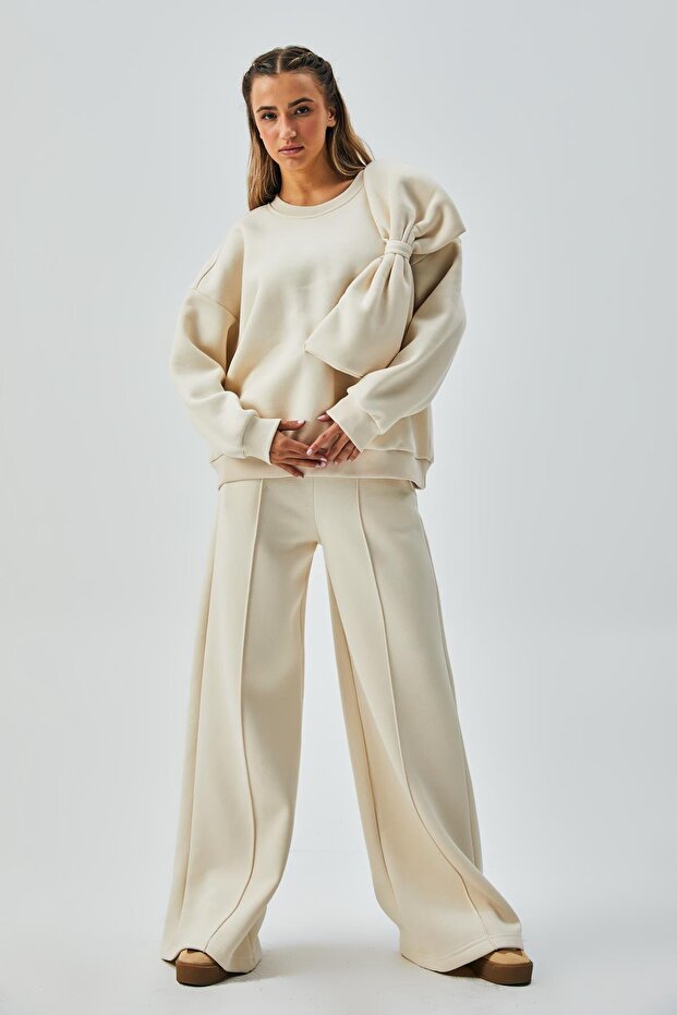 Women's Ecru Brushed Inside Bow Design Sweatshirt and Tracksuit Bottom Bottom/Top Set 28362