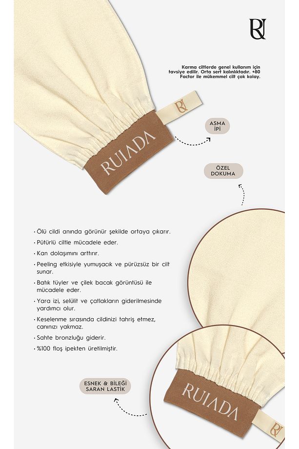 80 Factor Ekru Banyo Duş Kesesi Peeling Eldiveni %100 Floş Ipek Premium Kadın Ve Erkekler Için - 4
