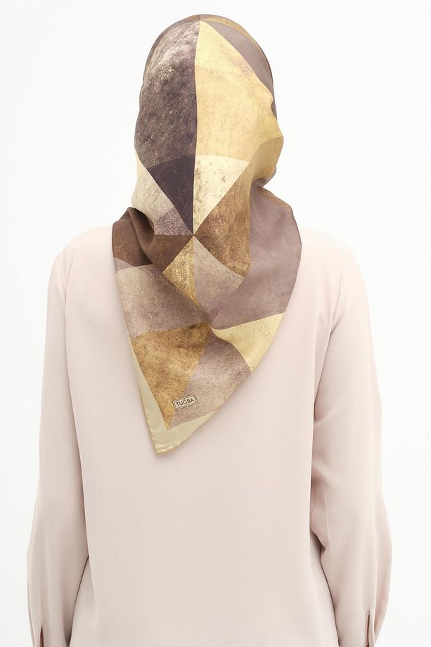 Patchwork Desen Twill İpek Eşarp - Kahve - 3