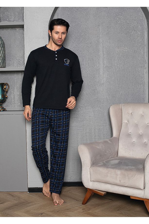 Erkek Penye Lacivert Uzun Kollu Altı Ekoseli Pijama Takımı - 2