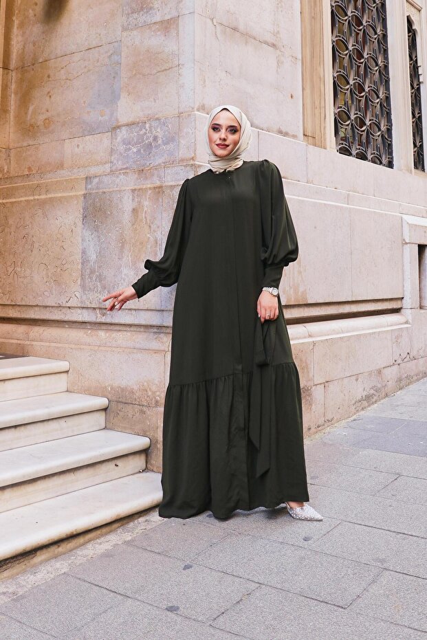 Balan Kol Eteği Fırfır Detaylı Krep Sena Ferace Haki Yeşil - 7