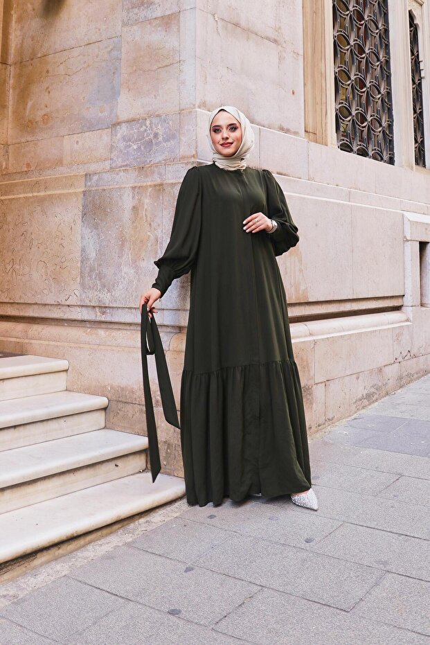 Balan Kol Eteği Fırfır Detaylı Krep Sena Ferace Haki Yeşil - 6