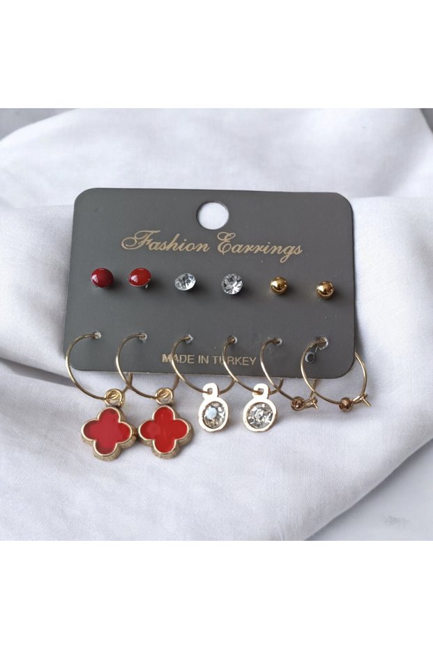 Women's Red Six-Piece Earring Set Bold Color, Stylish Details