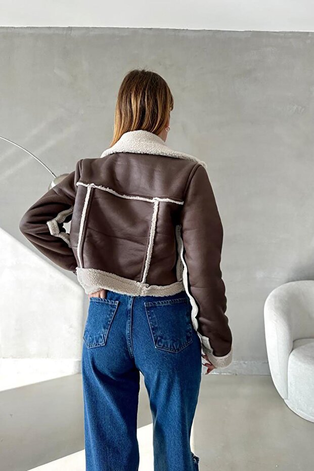 Sötétbarna plüss műbőr kabát - 5