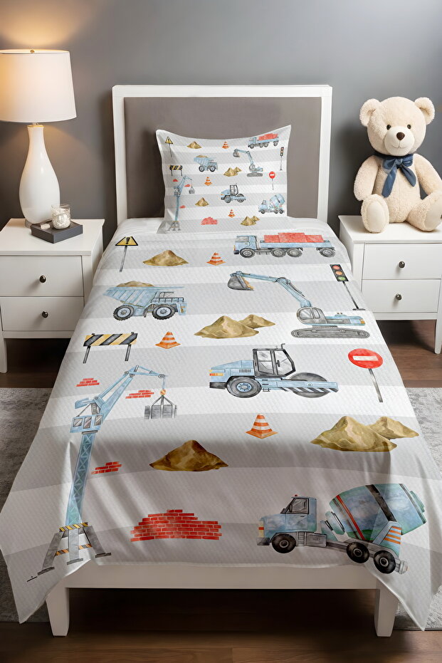 Blue Construction Vehicles Patterned Single Baby Child Pique Set