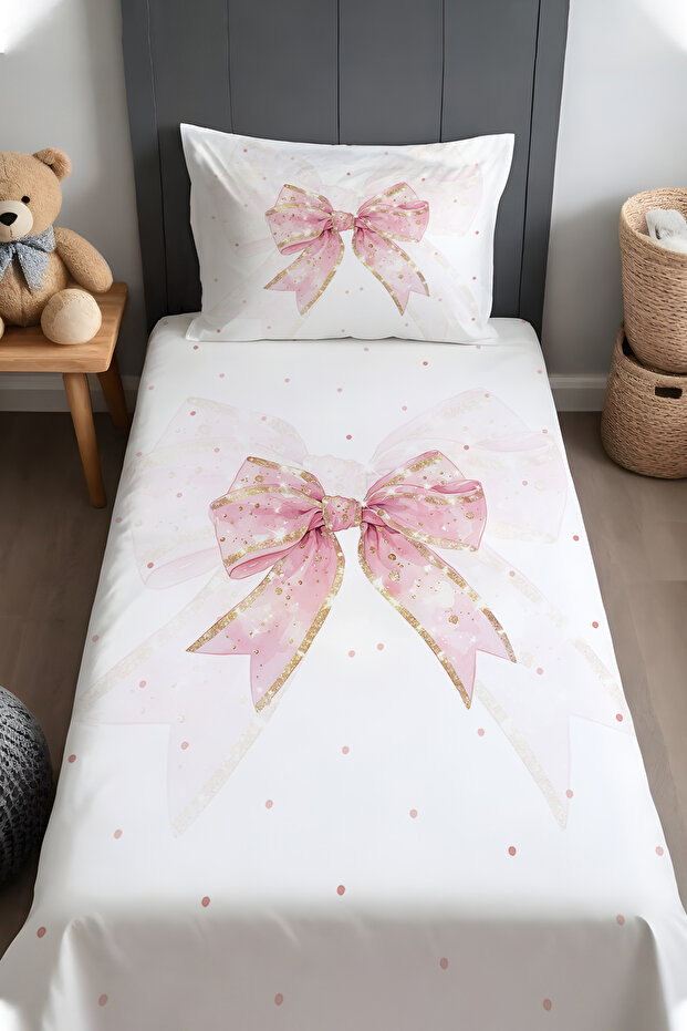 Pink Glitter Polka Dot Bow Pattern Bedspread and Pillowcase