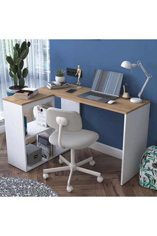 Study Office Computer Desk Corner Table with 4 Shelves 120cm White - Walnut
