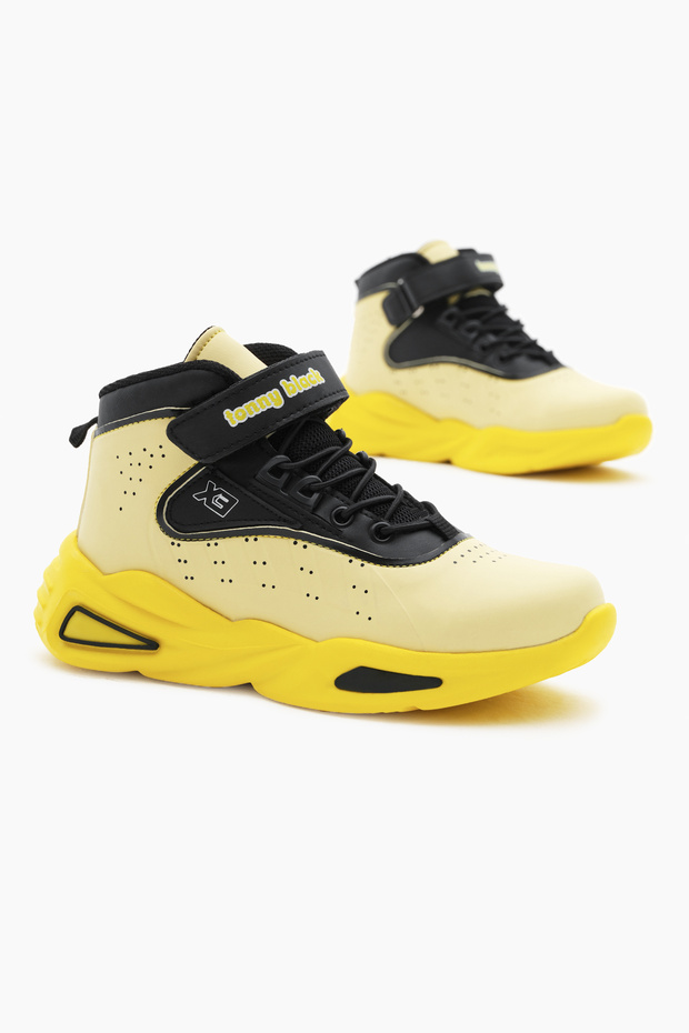 Detská unisex žltá čierna nylonová podrážka s gumenou čipkou a suchým zipsom, športové basketbalové topánky - 1