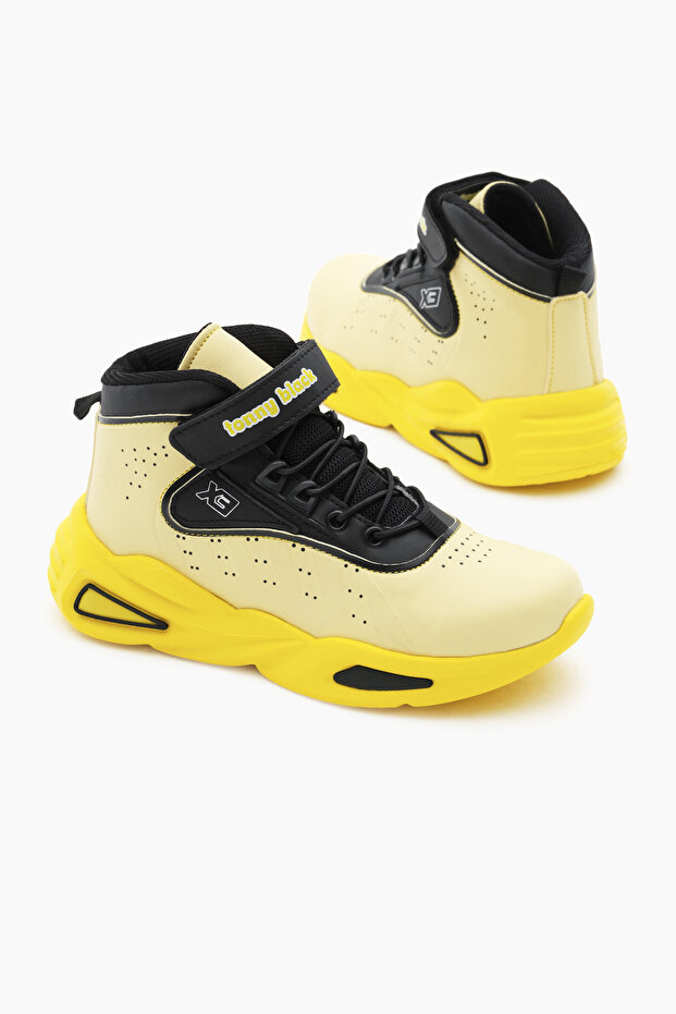 Detská unisex žltá čierna nylonová podrážka s gumenou čipkou a suchým zipsom, športové basketbalové topánky - 4