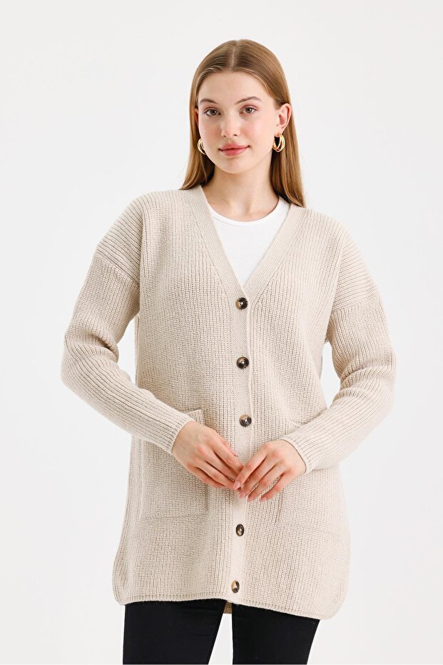Women's Buttoned Oversize Long Stone Knitwear Cardigan with Pockets