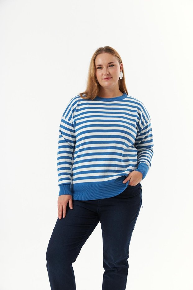 Women's Rmg Large Size Stripes Cycling Collar Front Short Back Long Knitting Sweater