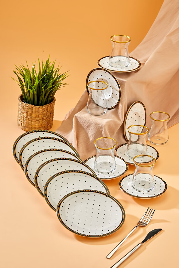 Lüks 18 Parça 6 Kişilik Pasta Takımı, Seti Gold Çay Bardaklı Çay Seti - 1