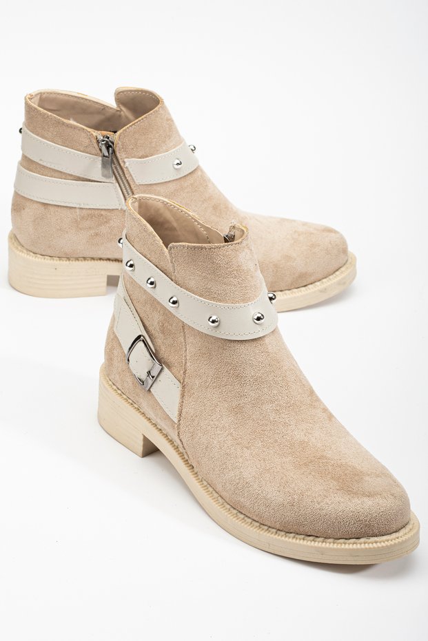 Women's Leather Suede Thermo Sole Buckle Side Zipper Short Heeled Boots
