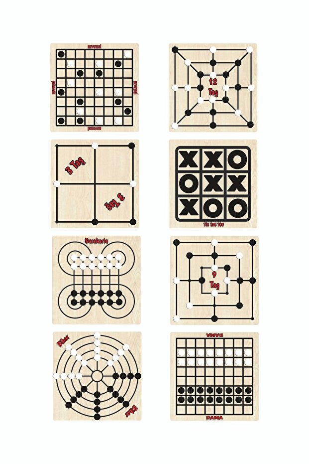 Wooden Intelligence and Strategy Game 8 Pieces Game Reversi+12taş+3taş+tic Tac Toe+ Surakarta+ 9taş+ Bihar+dama