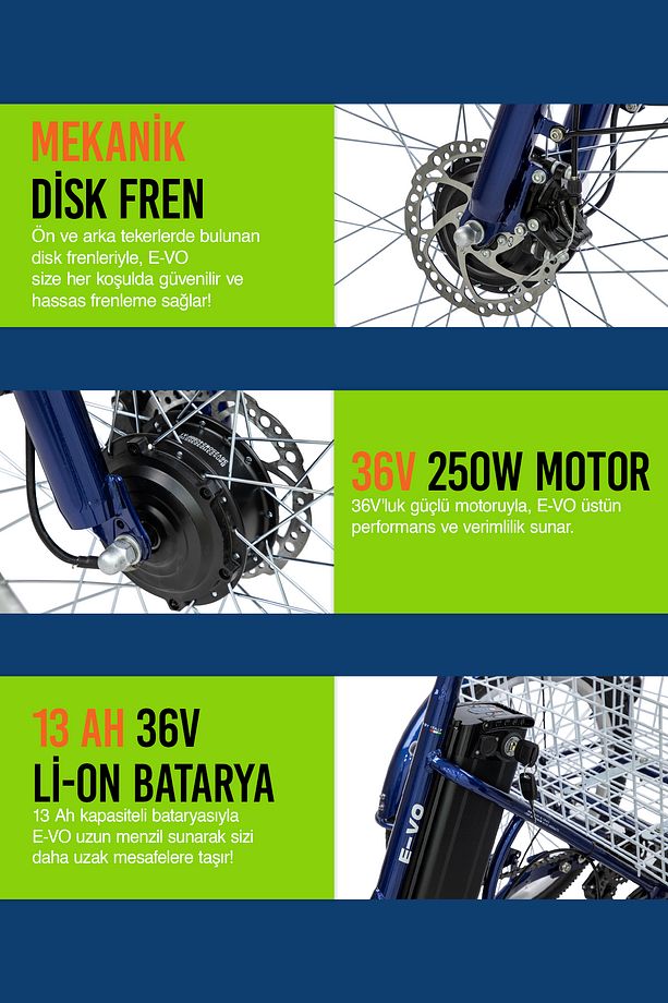 E-VO Mekanik Disk 24 Jant Üç Tekerlekli Elektrikli Bisiklet - 4