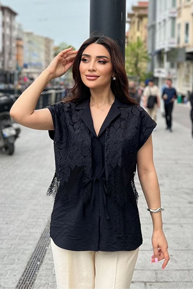 Dantel geçişli viskon bluz - 2
