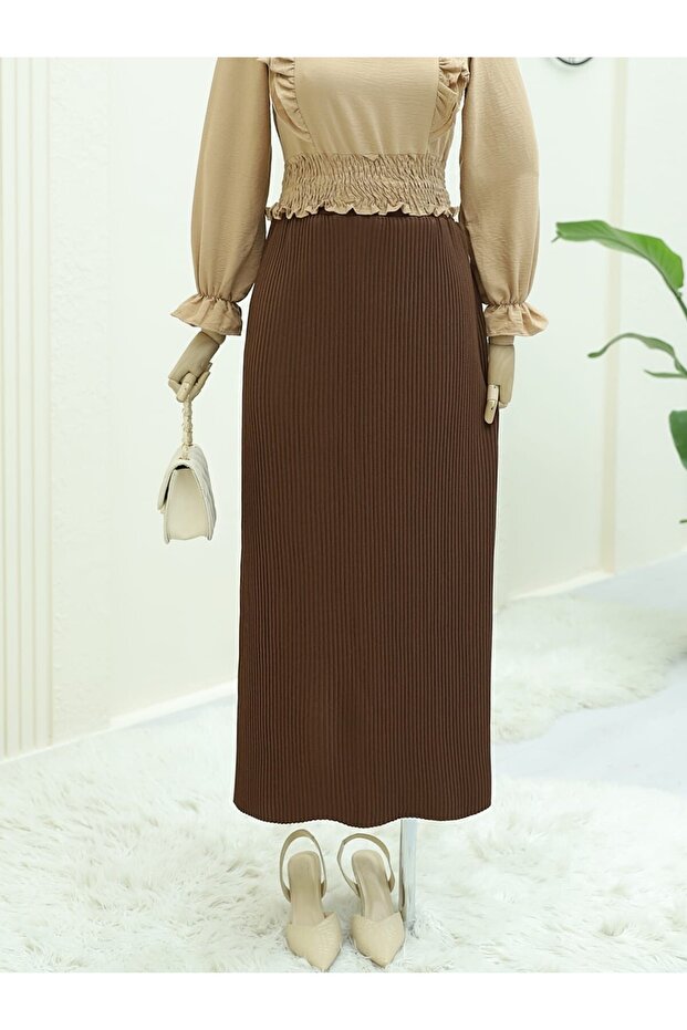 Faltenrock mit elastischem Bund - Braun - 2