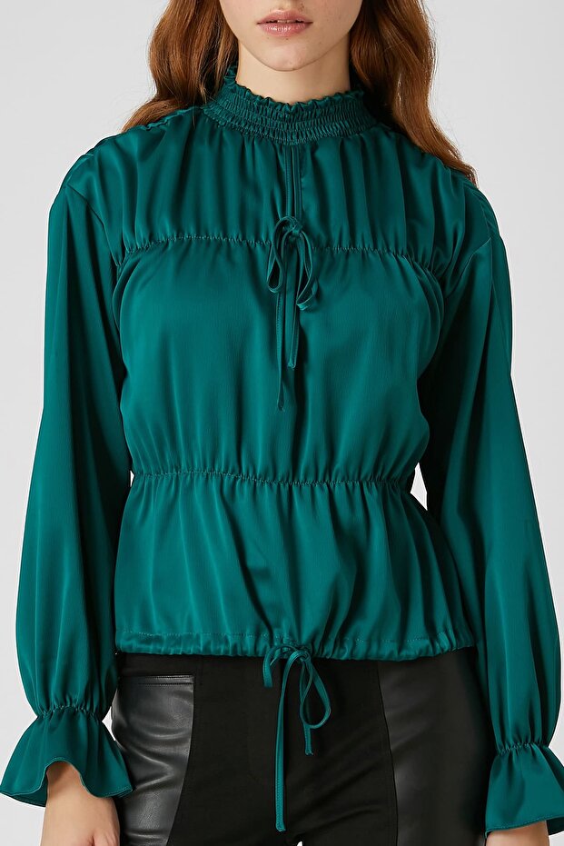 Lastik dikişli saten bluz - 4