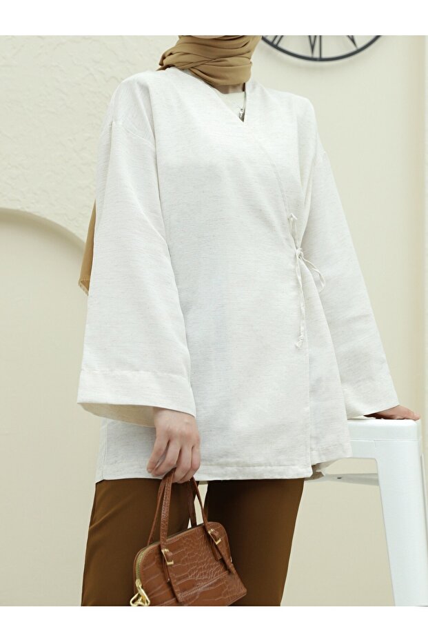 Double Lace-Up Linen Kimono -Stone