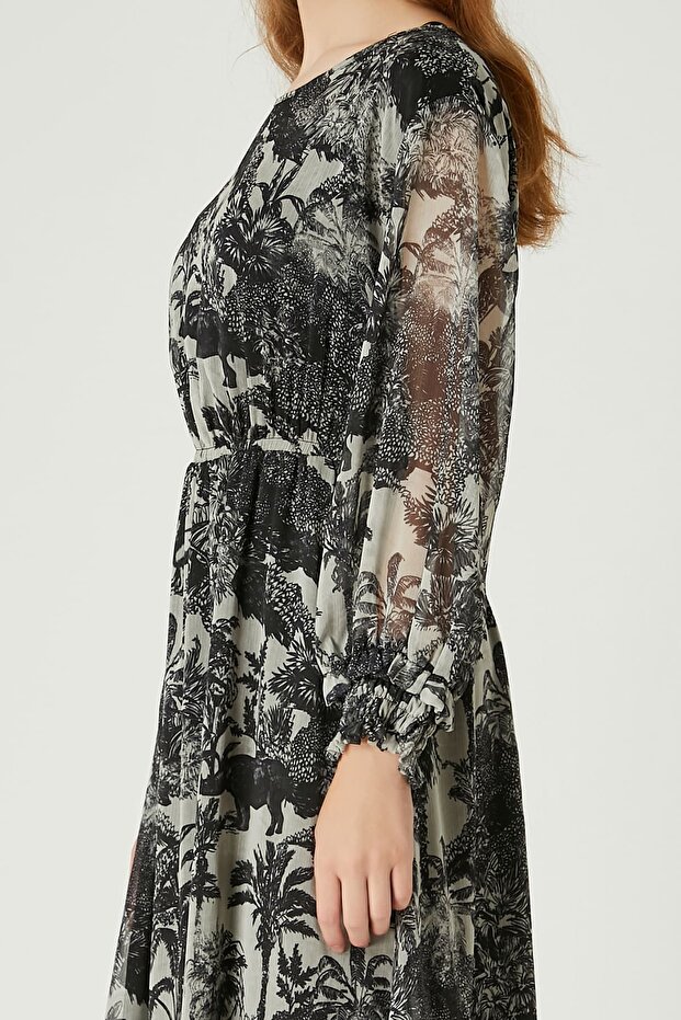 Desenli şifon elbise - 8